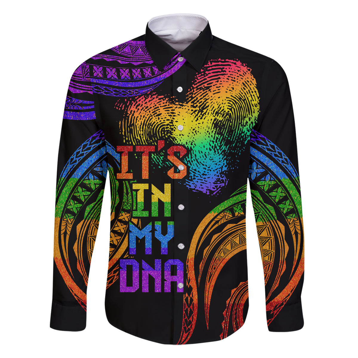 Personalised Its In My DNA Valentine Day Family Matching Off Shoulder Long Sleeve Dress and Hawaiian Shirt Fingerprint Heart with Color Pride Flag LT9 Dad's Shirt - Long Sleeve - Polynesian Pride