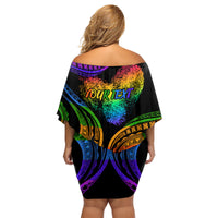 Personalised Its In My DNA Valentine Day Family Matching Off Shoulder Short Dress and Hawaiian Shirt Fingerprint Heart with Color Pride Flag LT9 - Polynesian Pride