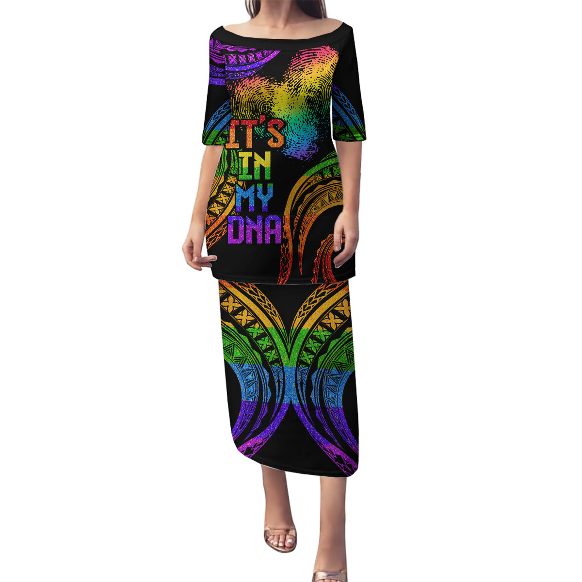 Personalised Its In My DNA Valentine Day Family Matching Puletasi and Hawaiian Shirt Fingerprint Heart with Color Pride Flag LT9 Mom's Dress - Polynesian Pride
