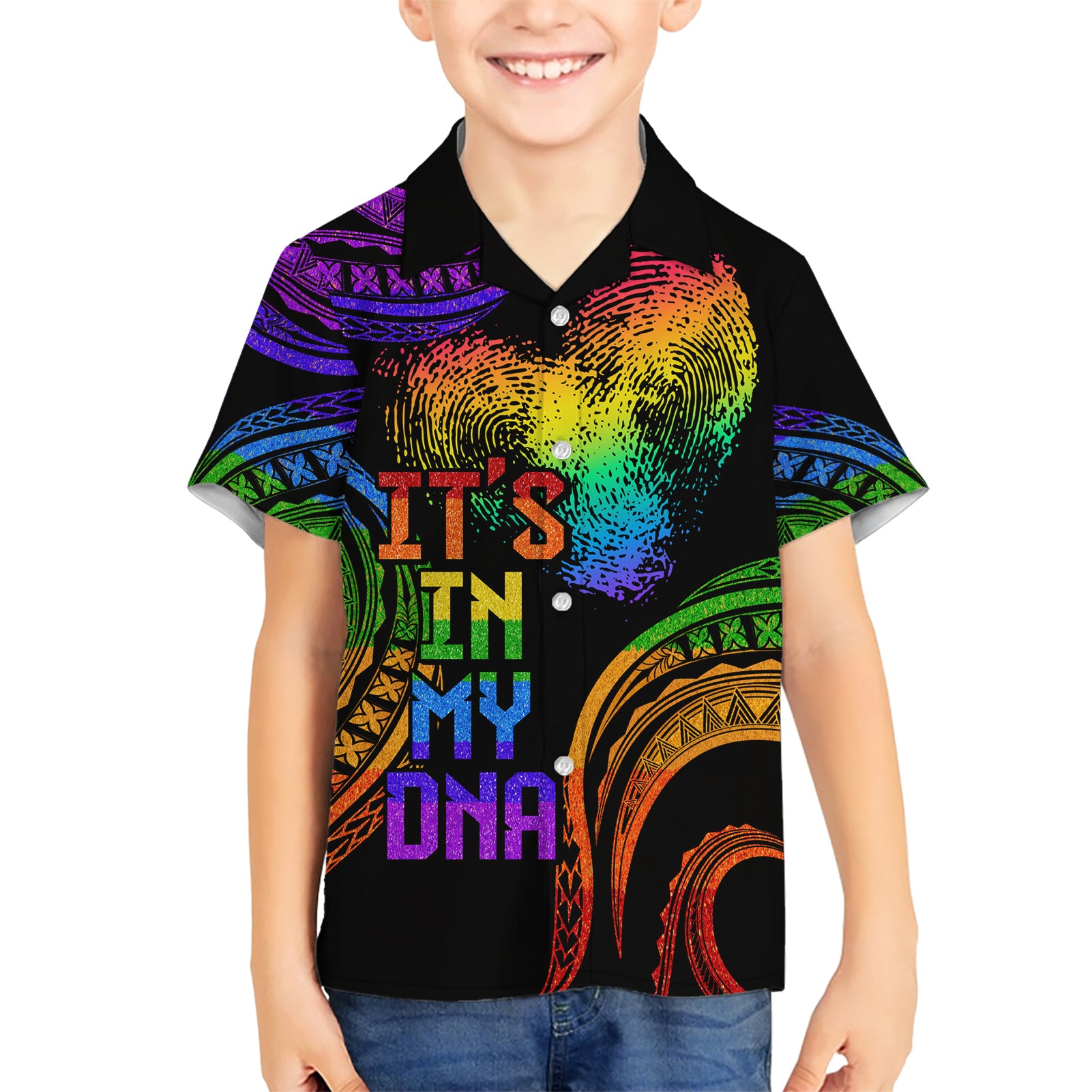Personalised Its In My DNA Valentine Day Kid Hawaiian Shirt Fingerprint Heart with Color Pride Flag LT9 Kid - Polynesian Pride