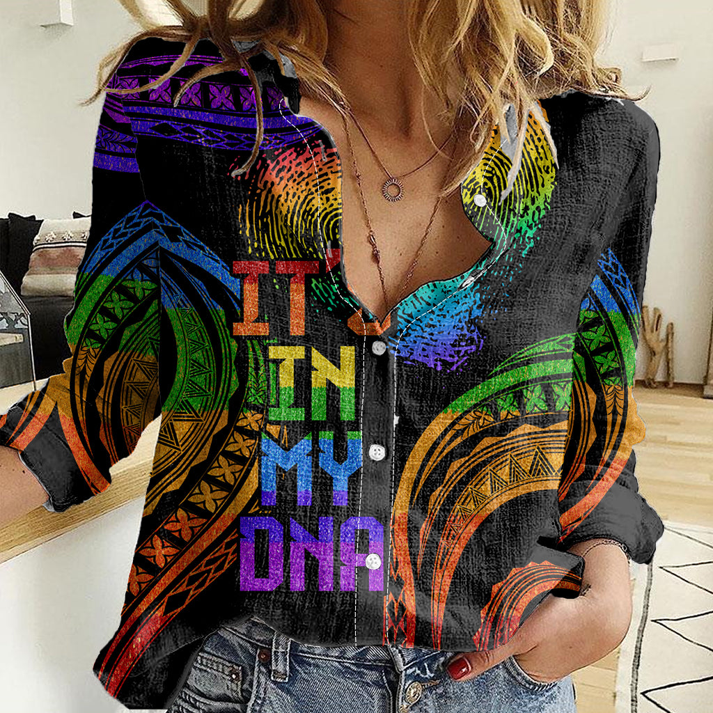 Personalised Its In My DNA Valentine Day Women Casual Shirt Fingerprint Heart with Color Pride Flag LT9 Female - Polynesian Pride