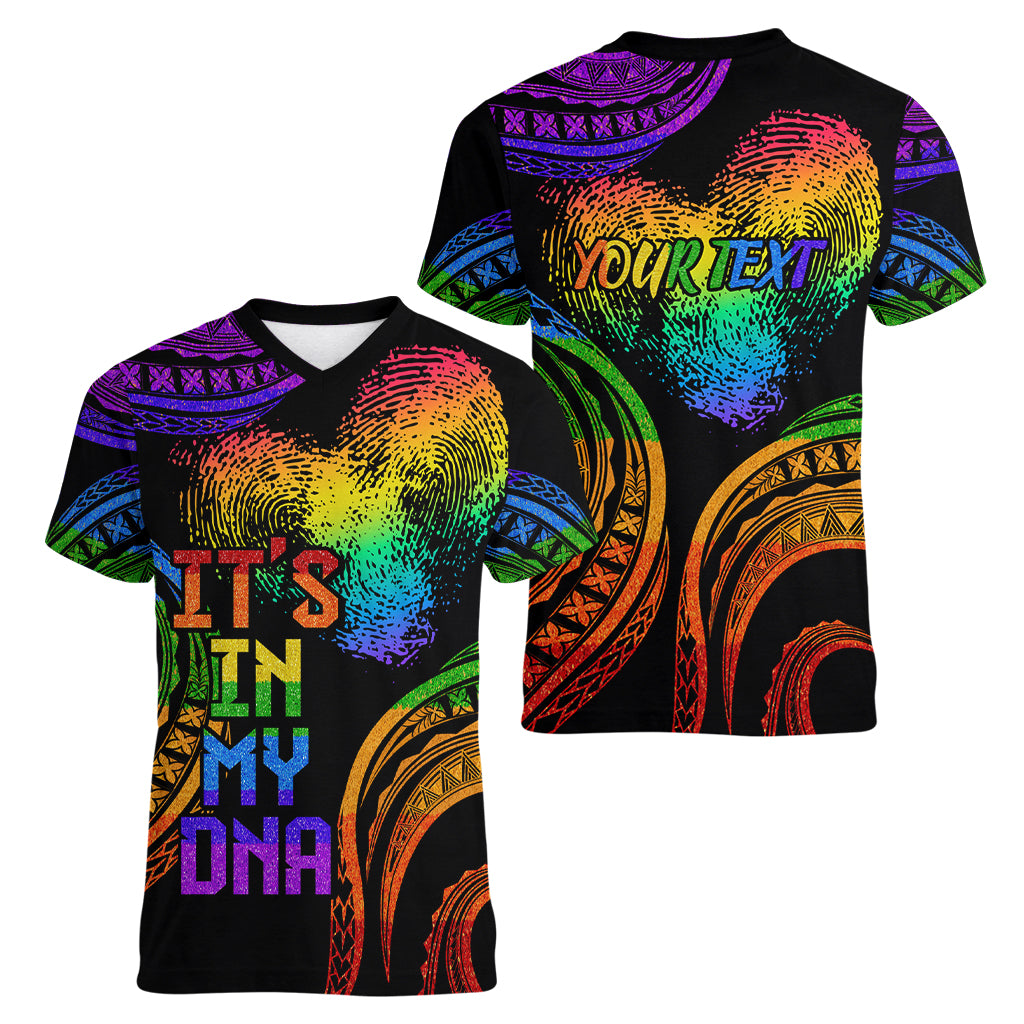Personalised Its In My DNA Valentine Day Women V Neck T Shirt Fingerprint Heart with Color Pride Flag LT9 - Polynesian Pride