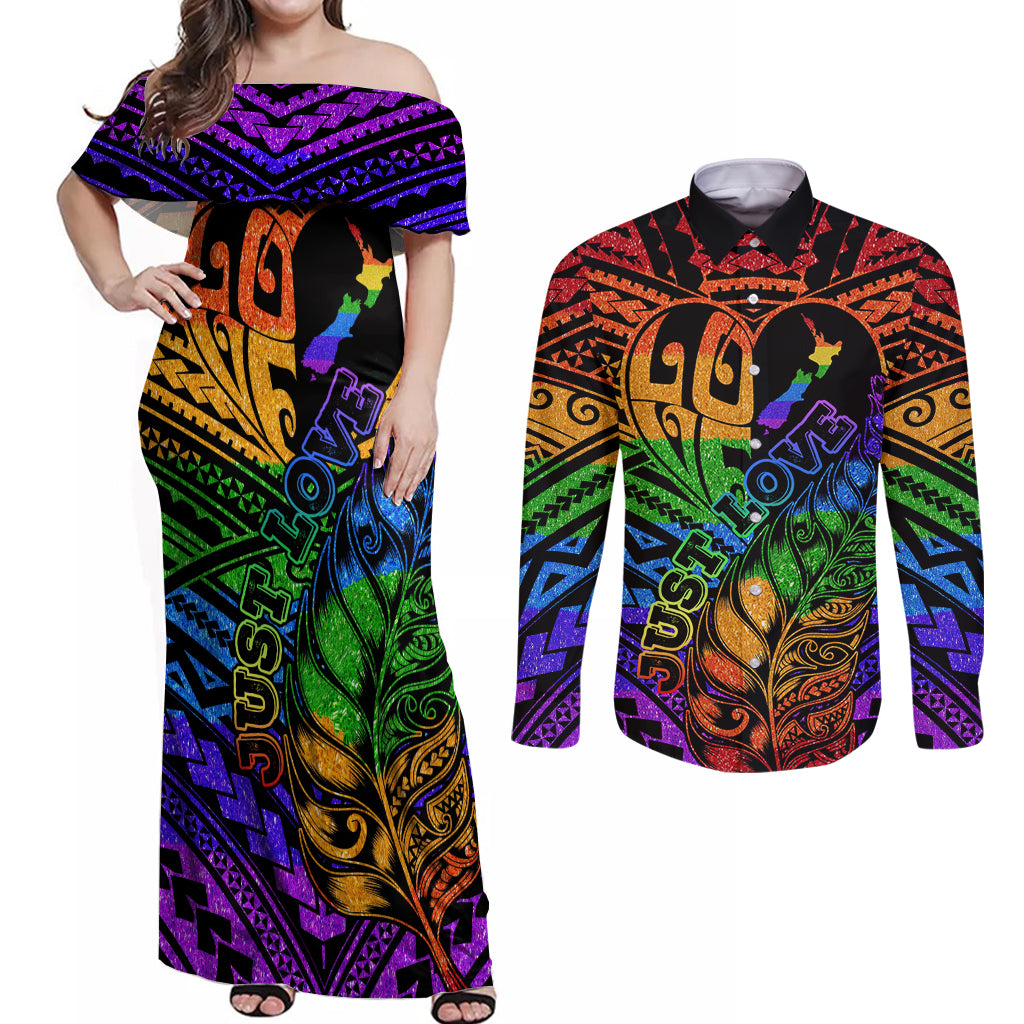 New Zealand LGBT Fern Heart Couples Matching Off Shoulder Maxi Dress and Long Sleeve Button Shirt Dont judge What You Dont Understand LT9 - Polynesian Pride