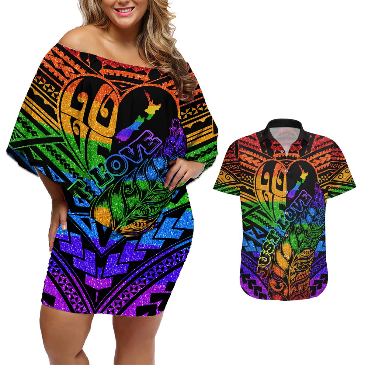 New Zealand LGBT Fern Heart Couples Matching Off Shoulder Short Dress and Hawaiian Shirt Dont judge What You Dont Understand LT9 - Polynesian Pride