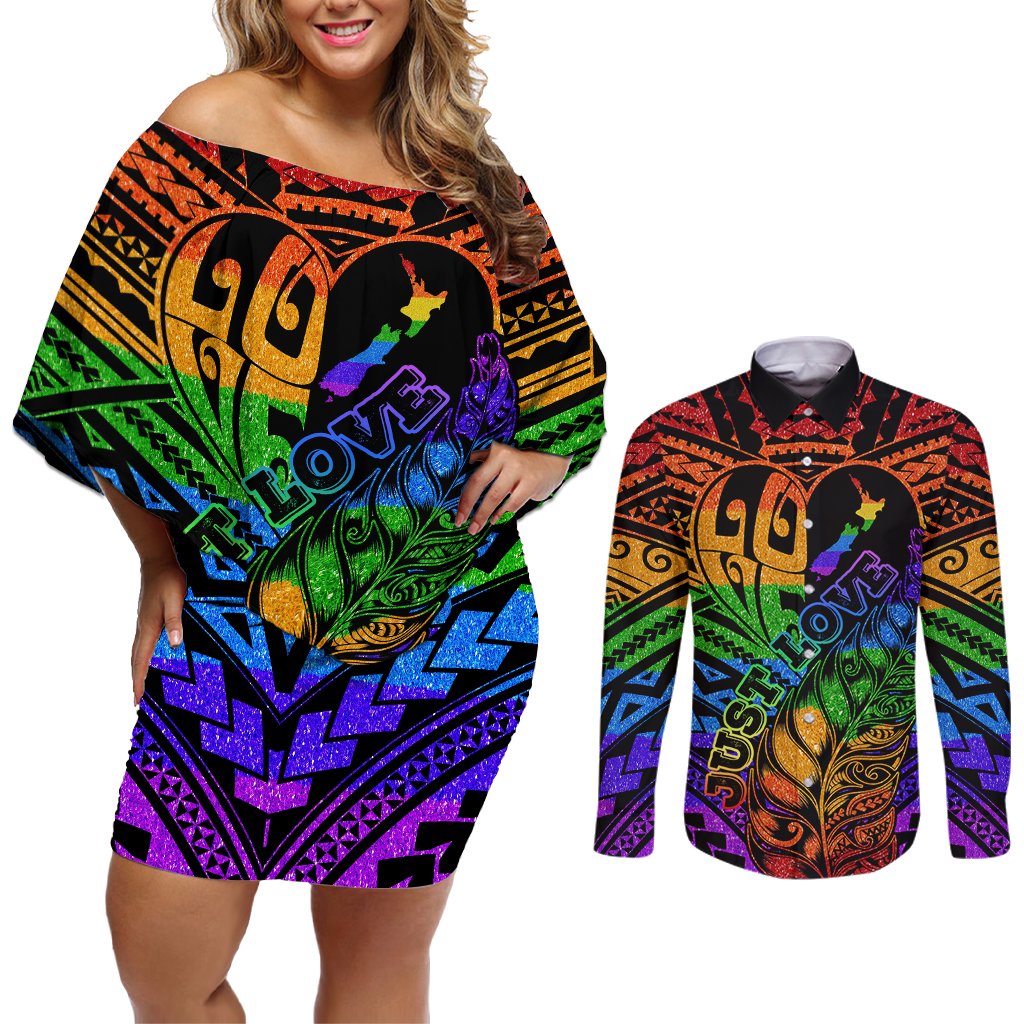 New Zealand LGBT Fern Heart Couples Matching Off Shoulder Short Dress and Long Sleeve Button Shirt Dont judge What You Dont Understand LT9 - Polynesian Pride