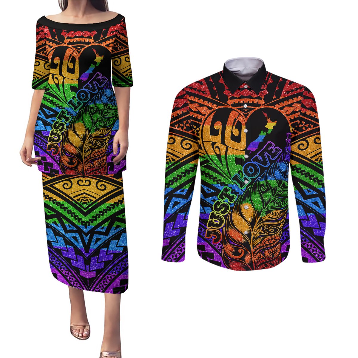 New Zealand LGBT Fern Heart Couples Matching Puletasi and Long Sleeve Button Shirt Dont judge What You Dont Understand LT9 - Polynesian Pride
