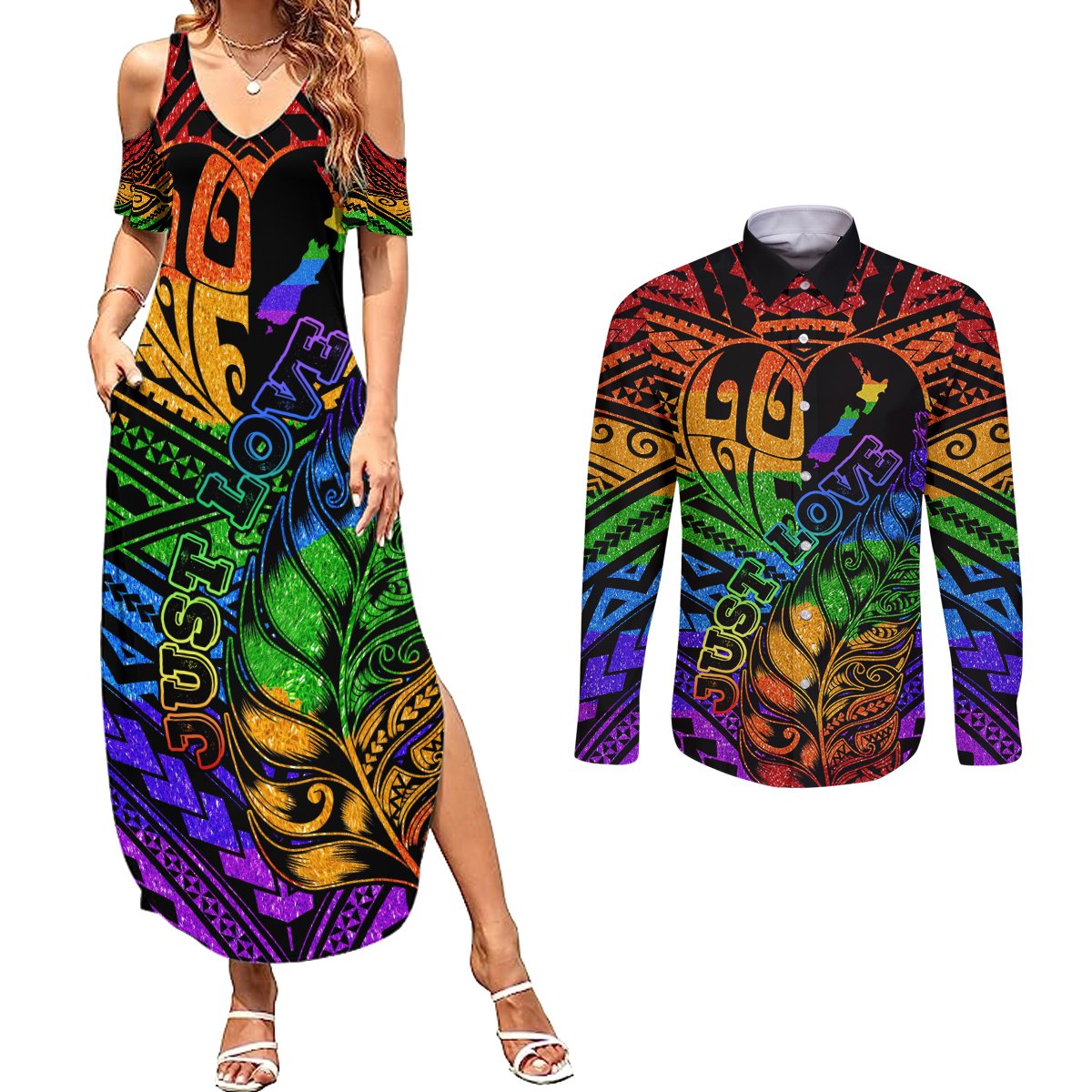 New Zealand LGBT Fern Heart Couples Matching Summer Maxi Dress and Long Sleeve Button Shirt Dont judge What You Dont Understand LT9 - Polynesian Pride