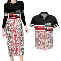 Personalised Toitu Te Tiriti Aotearoa 1840 Couples Matching Long Sleeve Bodycon Dress and Hawaiian Shirt Red Kowhaiwhai Puhoro - Polynesian Pride
