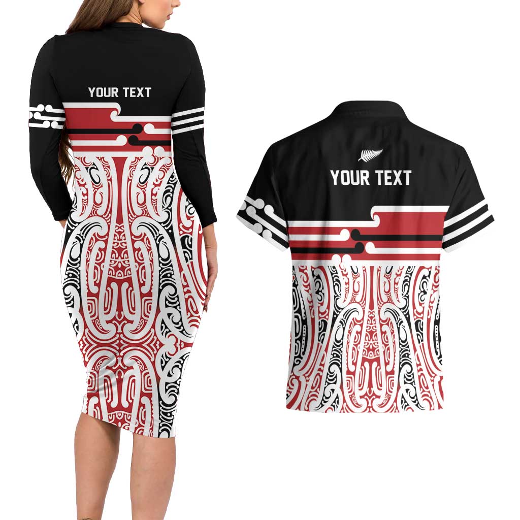 Personalised Toitu Te Tiriti Aotearoa 1840 Couples Matching Long Sleeve Bodycon Dress and Hawaiian Shirt Red Kowhaiwhai Puhoro - Polynesian Pride