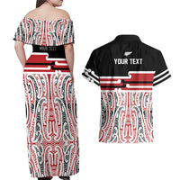 Personalised Toitu Te Tiriti Aotearoa 1840 Couples Matching Off Shoulder Maxi Dress and Hawaiian Shirt Red Kowhaiwhai Puhoro - Polynesian Pride