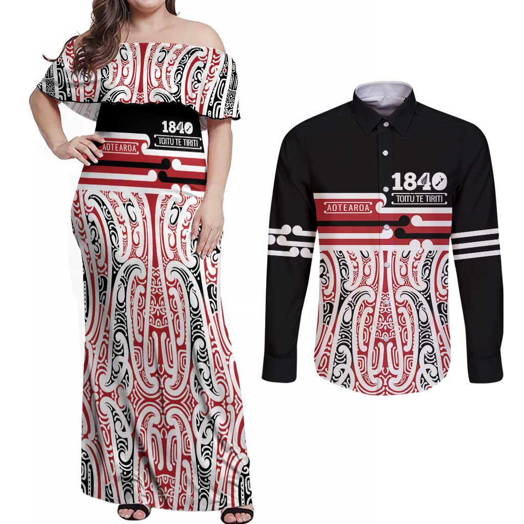 New Zealand Aotearoa Rugby Couples Matching Off Shoulder Short Dress and Long Sleeve Button Shirts NZ Tiki With Maori Fern World Cup Green Version LT14