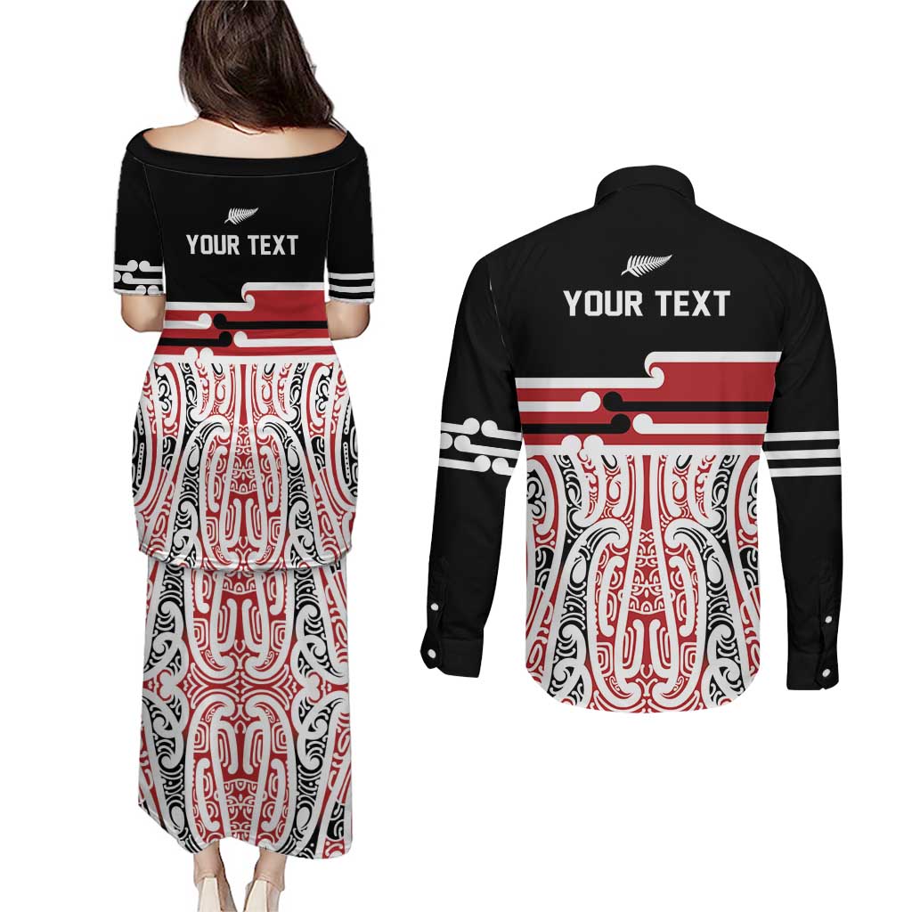 Personalised Toitu Te Tiriti Aotearoa 1840 Couples Matching Puletasi and Long Sleeve Button Shirt Red Kowhaiwhai Puhoro - Polynesian Pride