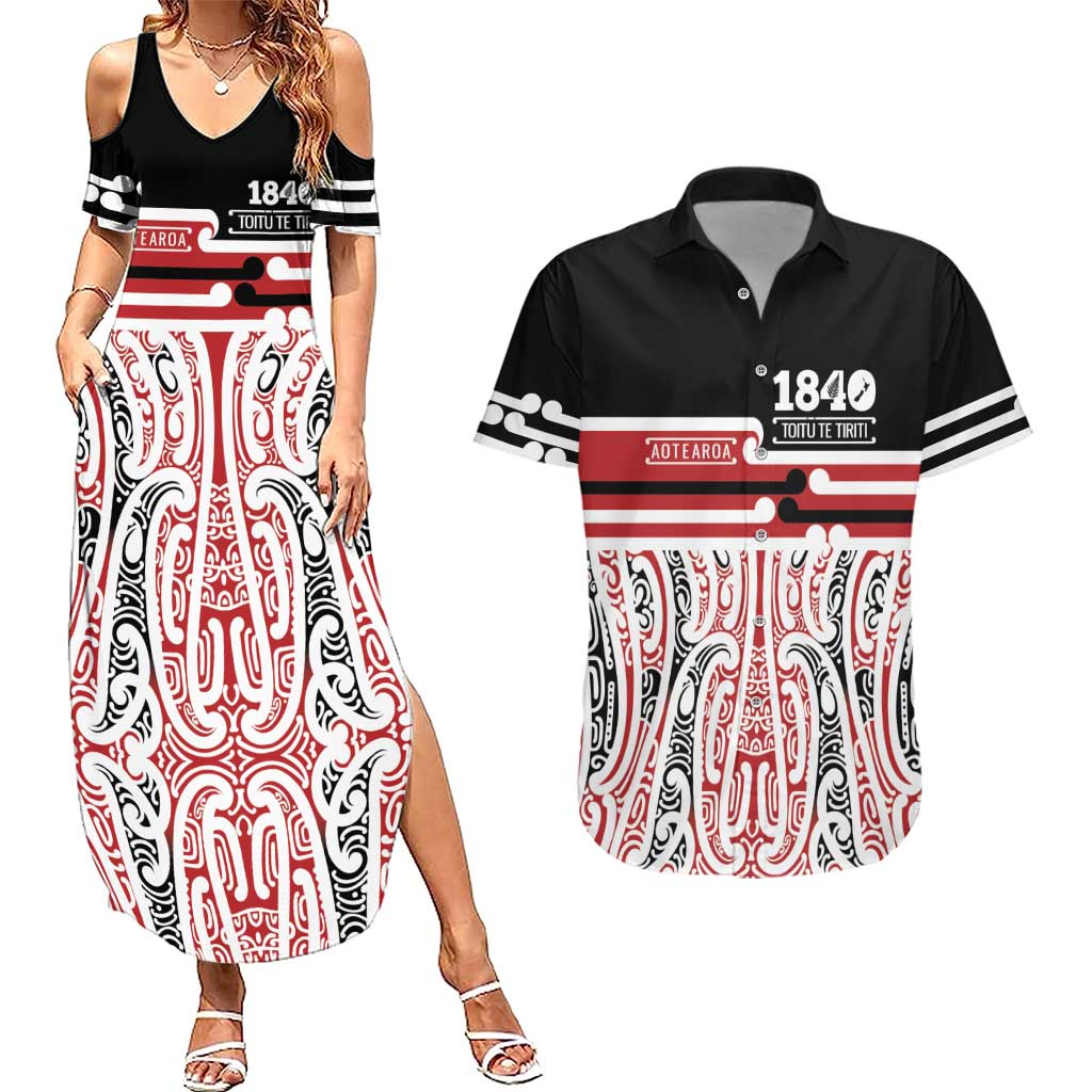 Personalised Toitu Te Tiriti Aotearoa 1840 Couples Matching Summer Maxi Dress and Hawaiian Shirt Red Kowhaiwhai Puhoro - Polynesian Pride