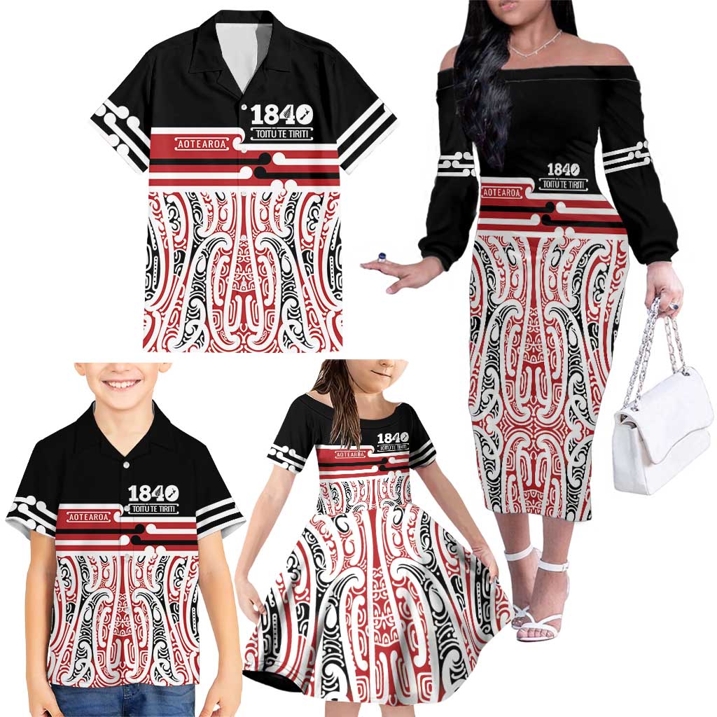 Personalised Toitu Te Tiriti Aotearoa 1840 Family Matching Off The Shoulder Long Sleeve Dress and Hawaiian Shirt Red Kowhaiwhai Puhoro LT9 - Polynesian Pride