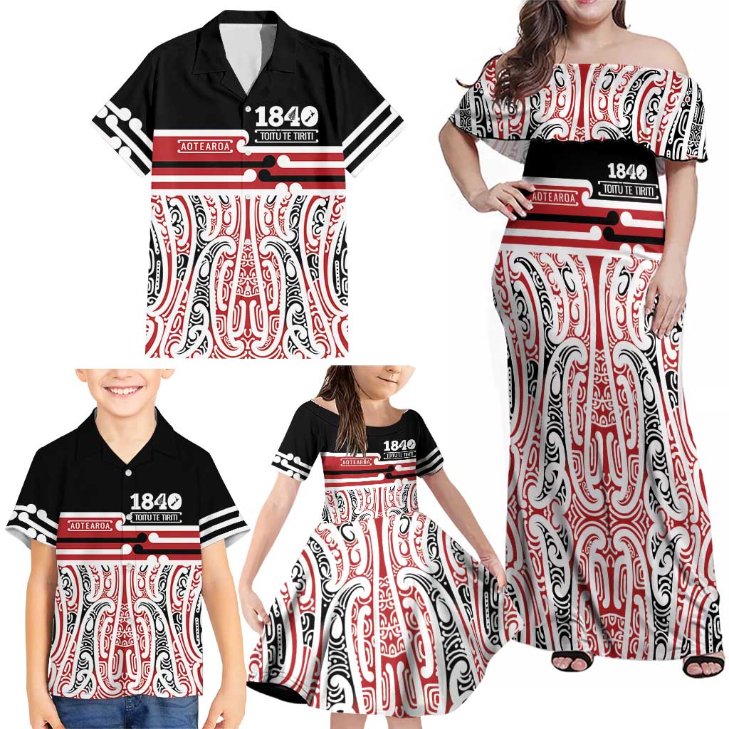 Personalised Toitu Te Tiriti Aotearoa 1840 Family Matching Off Shoulder Maxi Dress and Hawaiian Shirt Red Kowhaiwhai Puhoro LT9 - Polynesian Pride
