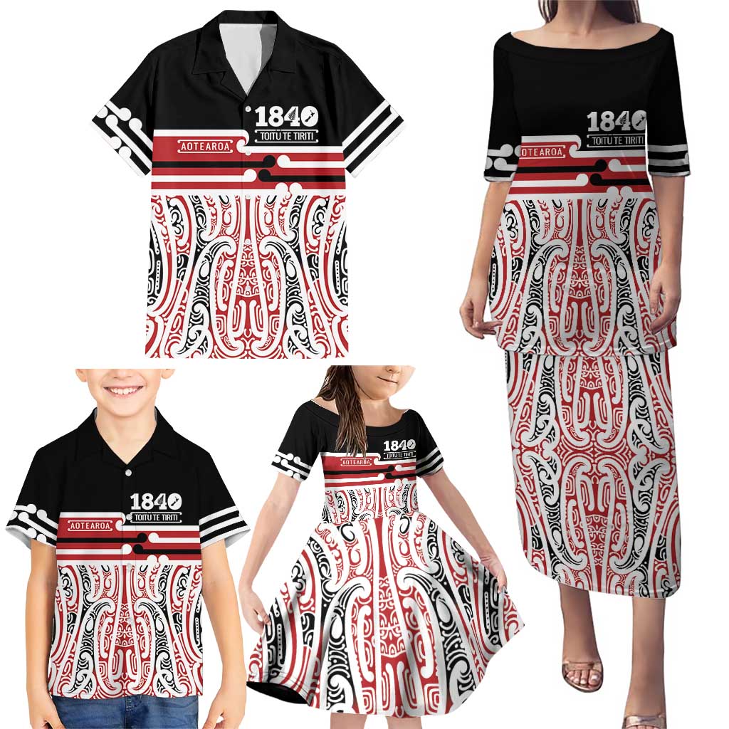 Personalised Toitu Te Tiriti Aotearoa 1840 Family Matching Puletasi and Hawaiian Shirt Red Kowhaiwhai Puhoro LT9 - Polynesian Pride