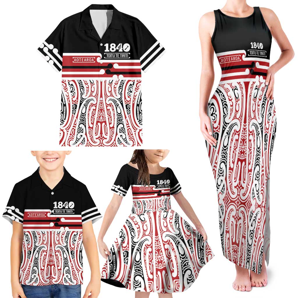 Personalised Toitu Te Tiriti Aotearoa 1840 Family Matching Tank Maxi Dress and Hawaiian Shirt Red Kowhaiwhai Puhoro - Polynesian Pride
