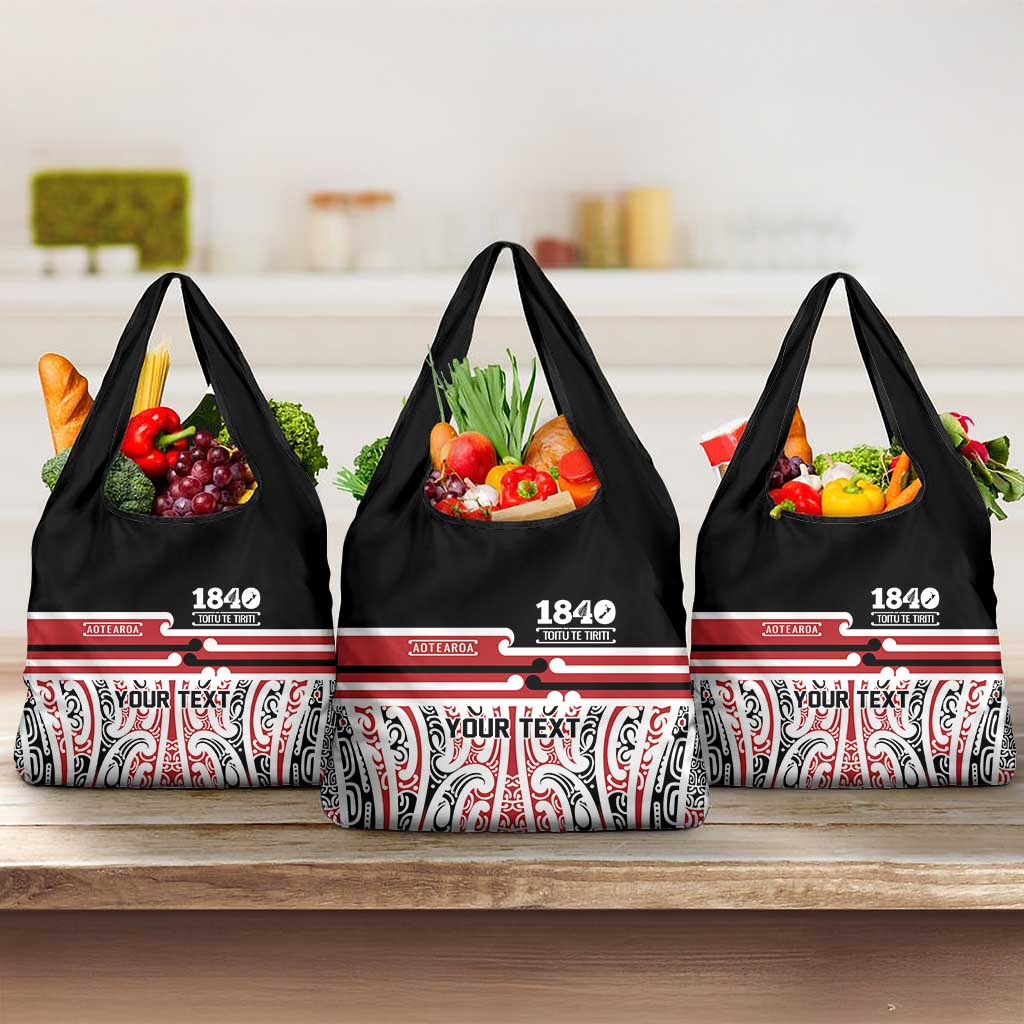 Personalised Toitu Te Tiriti Aotearoa 1840 Grocery Bag Red Kowhaiwhai Puhoro LT9 3-pack One Size Black - Polynesian Pride