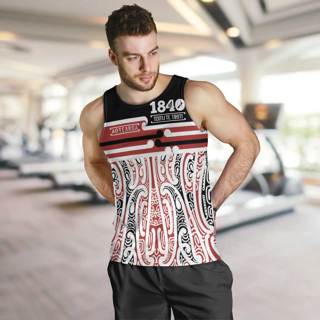 Personalised Toitu Te Tiriti Aotearoa 1840 Men Tank Top Red Kowhaiwhai Puhoro - Polynesian Pride