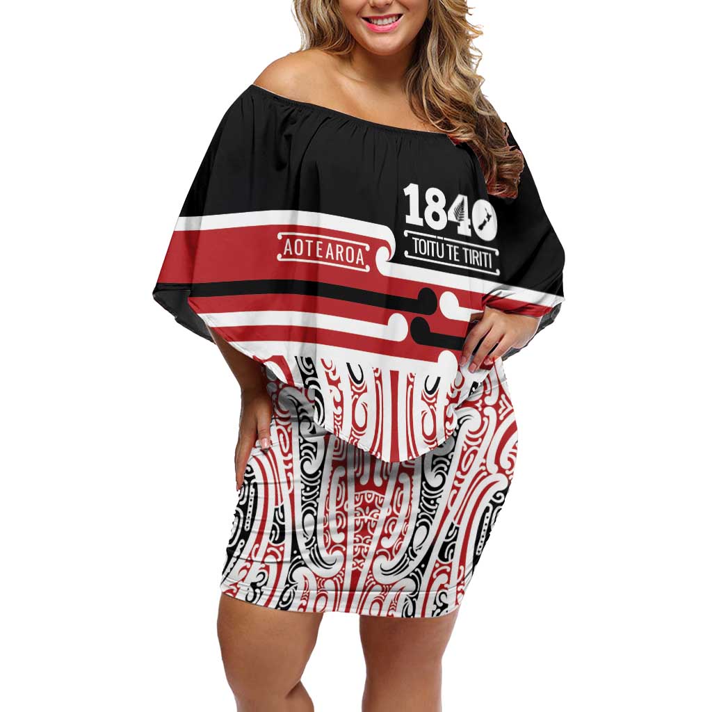 Personalised Toitu Te Tiriti Aotearoa 1840 Off Shoulder Short Dress Red Kowhaiwhai Puhoro LT9 Women Black - Polynesian Pride