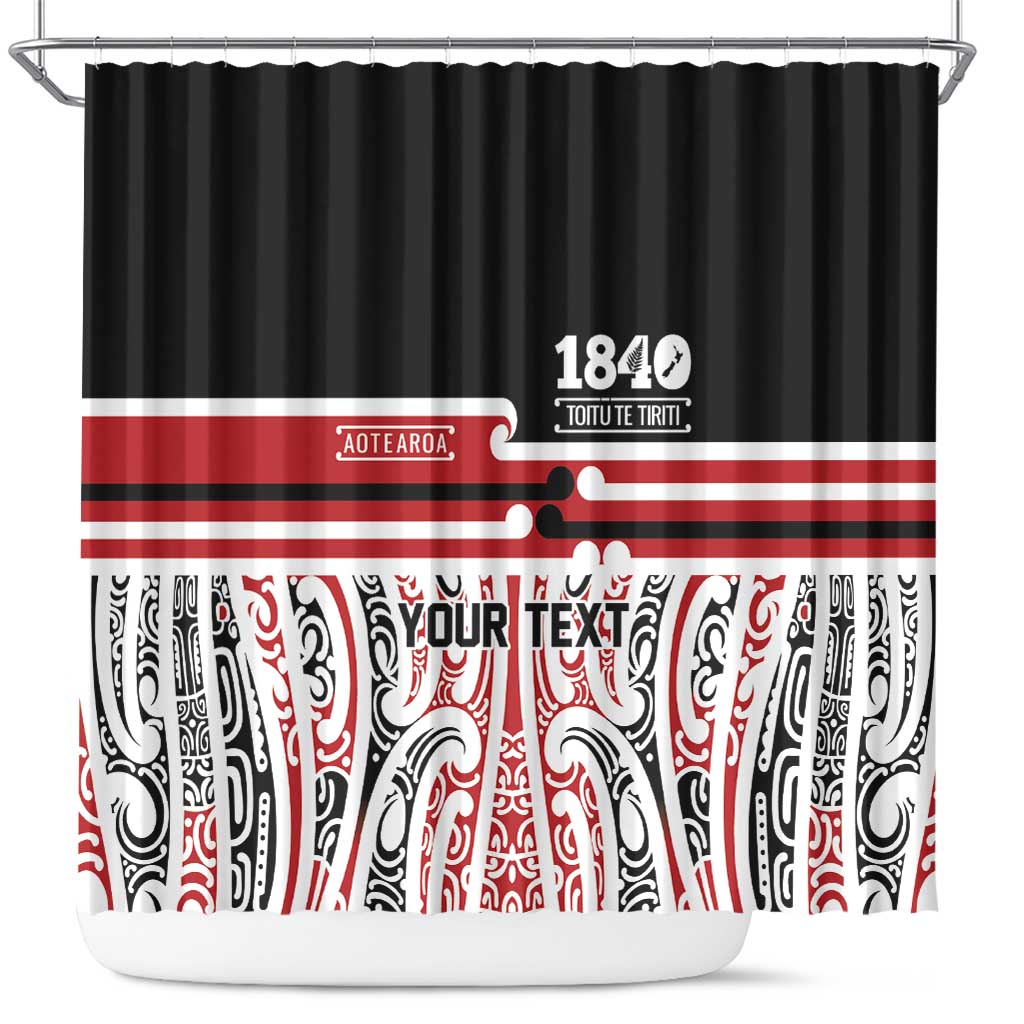 Personalised Toitu Te Tiriti Aotearoa 1840 Shower Curtain Red Kowhaiwhai Puhoro LT9 Black - Polynesian Pride