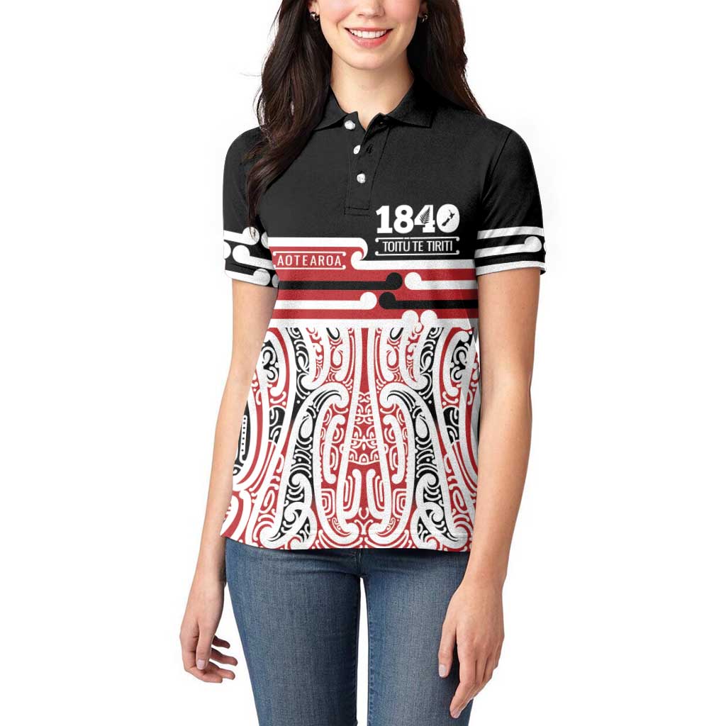 Personalised Toitu Te Tiriti Aotearoa 1840 Women Polo Shirt Red Kowhaiwhai Puhoro - Polynesian Pride