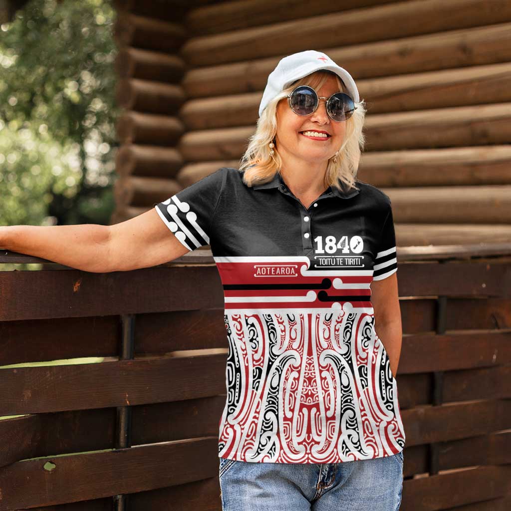 Personalised Toitu Te Tiriti Aotearoa 1840 Women Polo Shirt Red Kowhaiwhai Puhoro - Polynesian Pride
