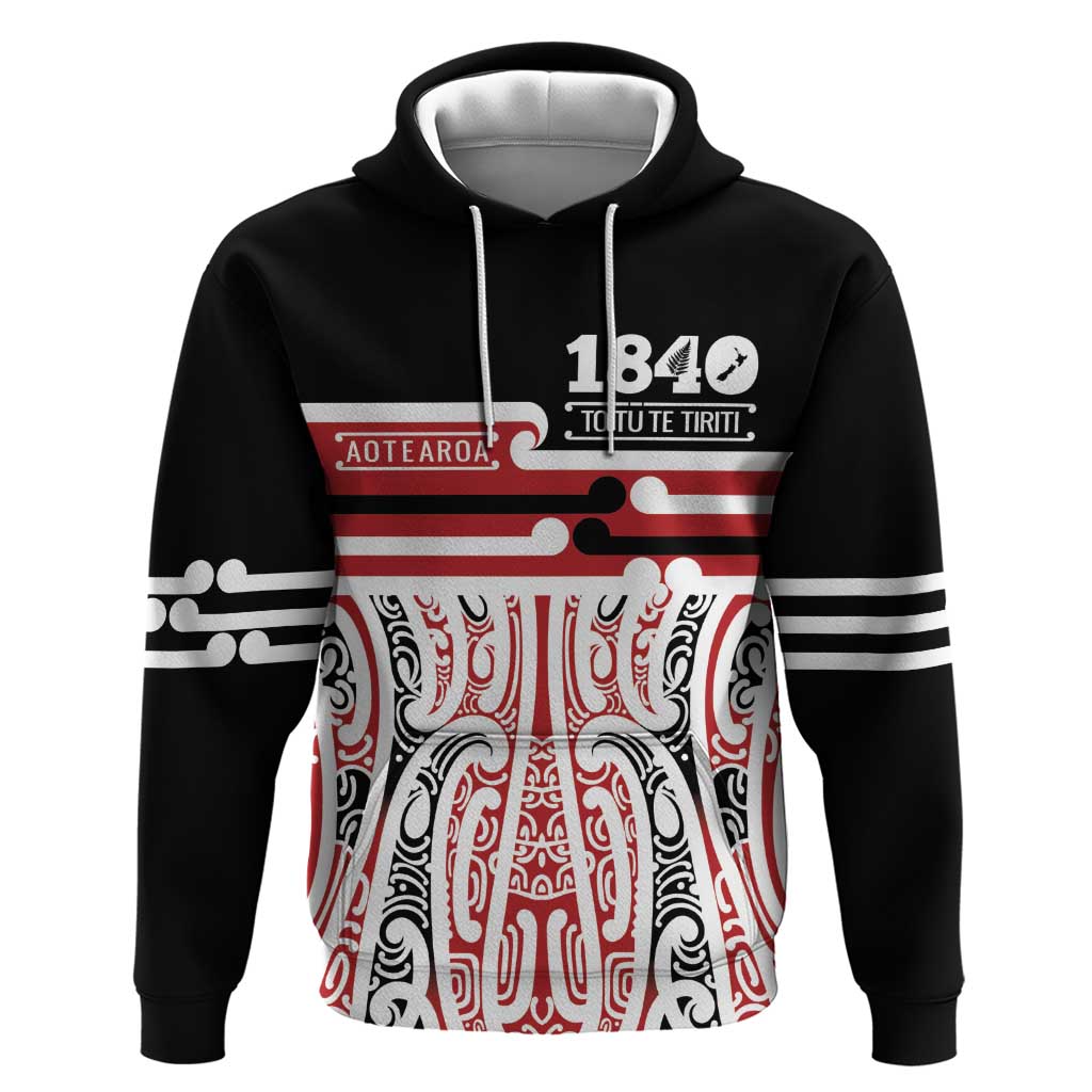 Personalised Toitu Te Tiriti Aotearoa 1840 Zip Hoodie Red Kowhaiwhai Puhoro LT9 Pullover Hoodie Black - Polynesian Pride