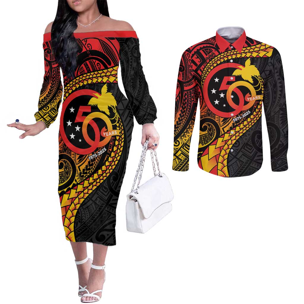 Papua New Guinea Tribal Tattoo Couples Matching Off The Shoulder Long Sleeve Dress and Long Sleeve Button Shirt 50th Independence Anniversary