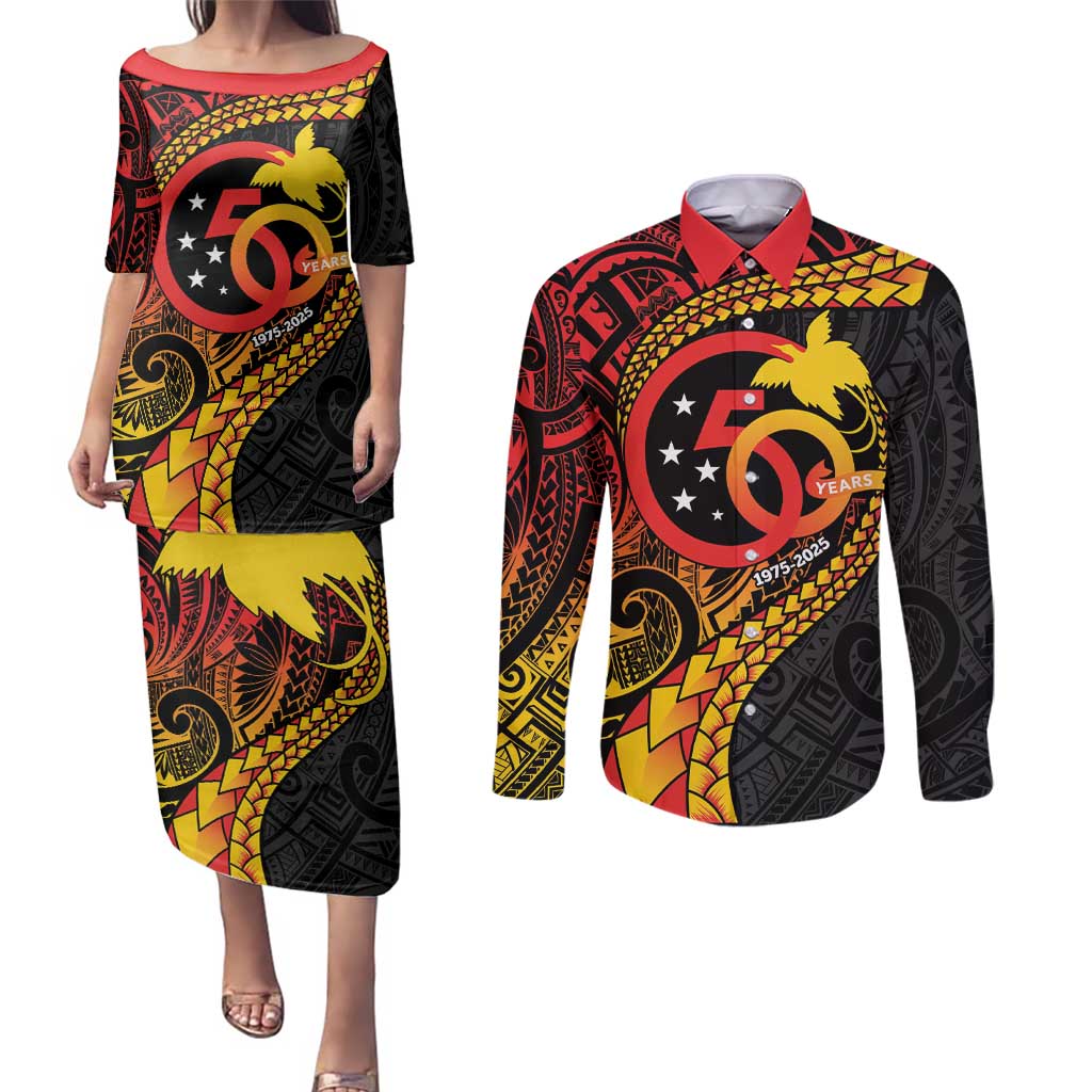 Papua New Guinea Tribal Tattoo Couples Matching Puletasi and Long Sleeve Button Shirt 50th Independence Anniversary