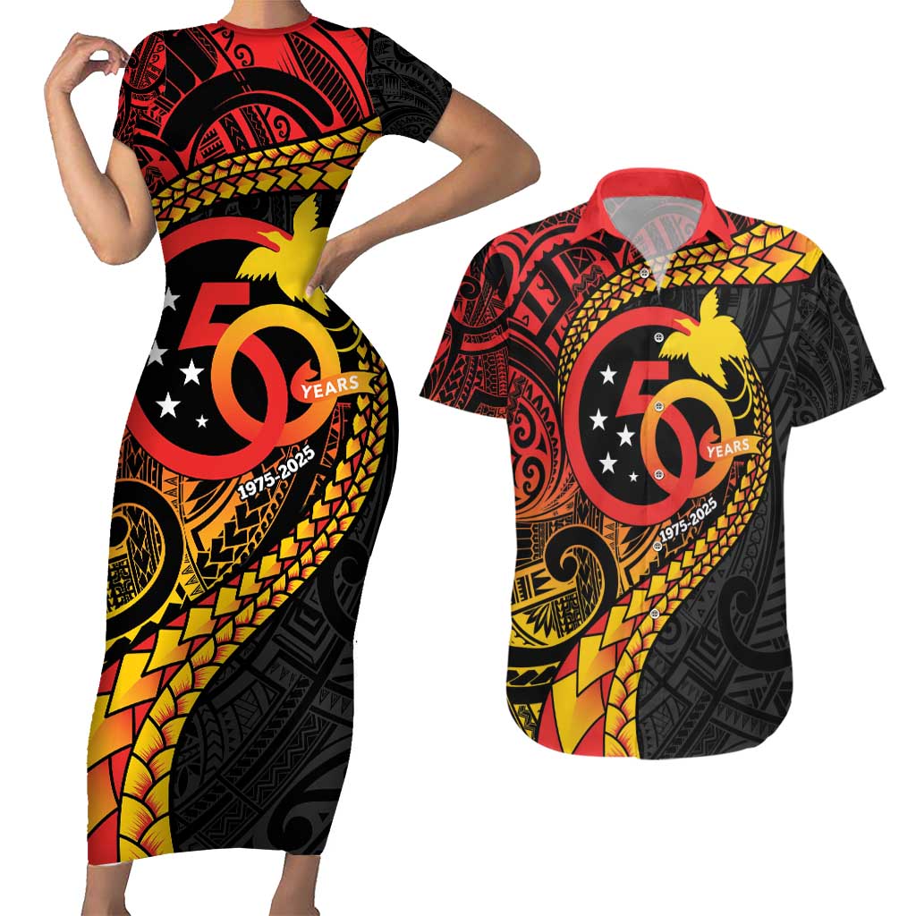 Papua New Guinea Tribal Tattoo Couples Matching Short Sleeve Bodycon Dress and Hawaiian Shirt 50th Independence Anniversary LT9 Black - Polynesian Pride