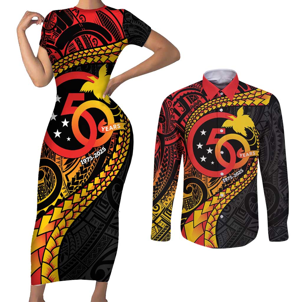Papua New Guinea Tribal Tattoo Couples Matching Short Sleeve Bodycon Dress and Long Sleeve Button Shirt 50th Independence Anniversary LT9 Black - Polynesian Pride