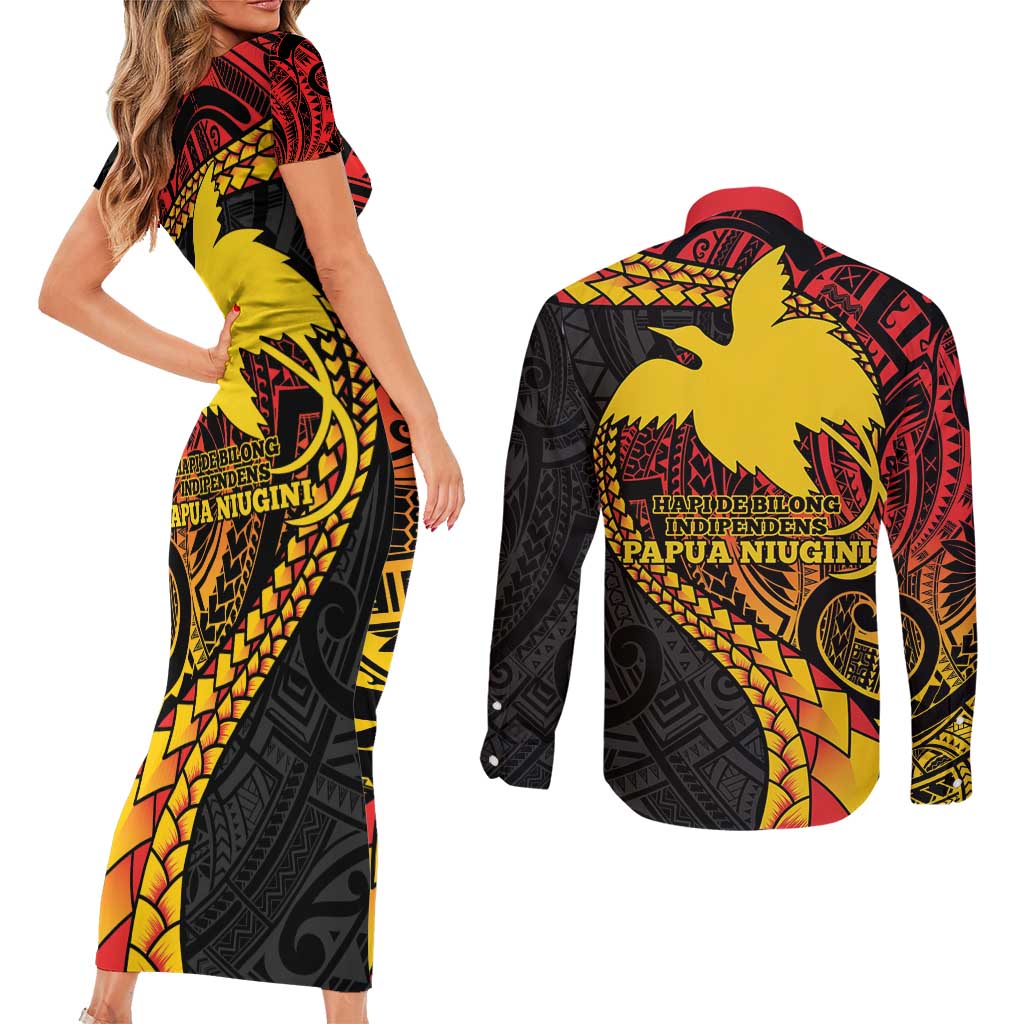 Papua New Guinea Tribal Tattoo Couples Matching Short Sleeve Bodycon Dress and Long Sleeve Button Shirt 50th Independence Anniversary