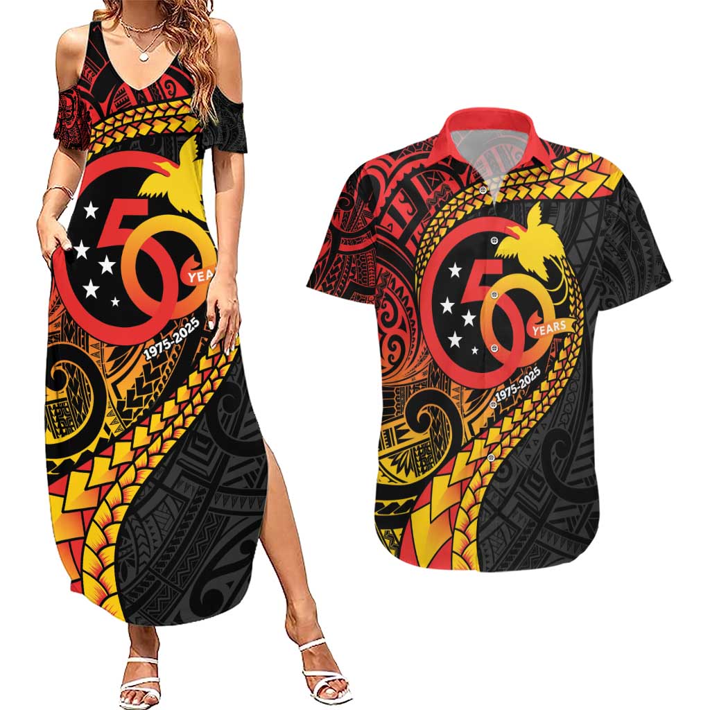 Papua New Guinea Tribal Tattoo Couples Matching Summer Maxi Dress and Hawaiian Shirt 50th Independence Anniversary LT9 Black - Polynesian Pride