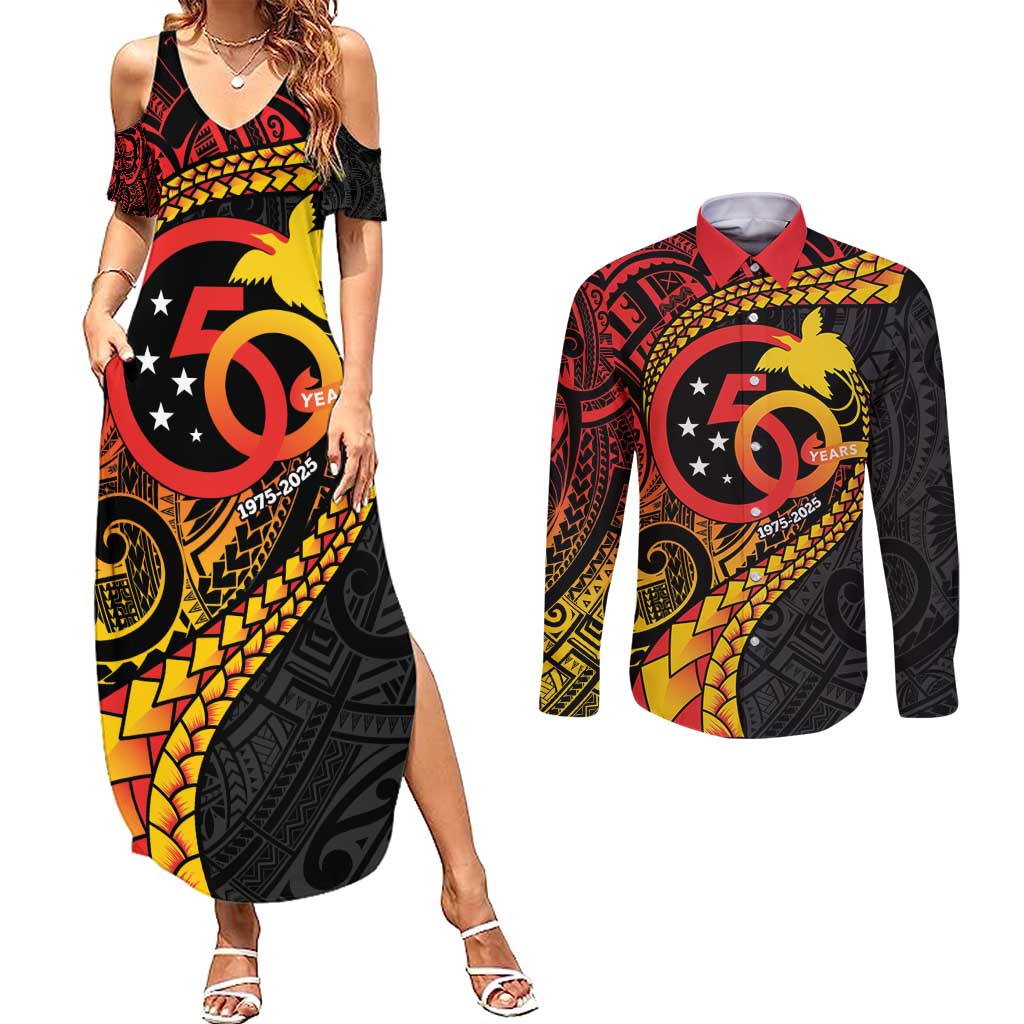 Papua New Guinea Tribal Tattoo Couples Matching Summer Maxi Dress and Long Sleeve Button Shirt 50th Independence Anniversary LT9 Black - Polynesian Pride