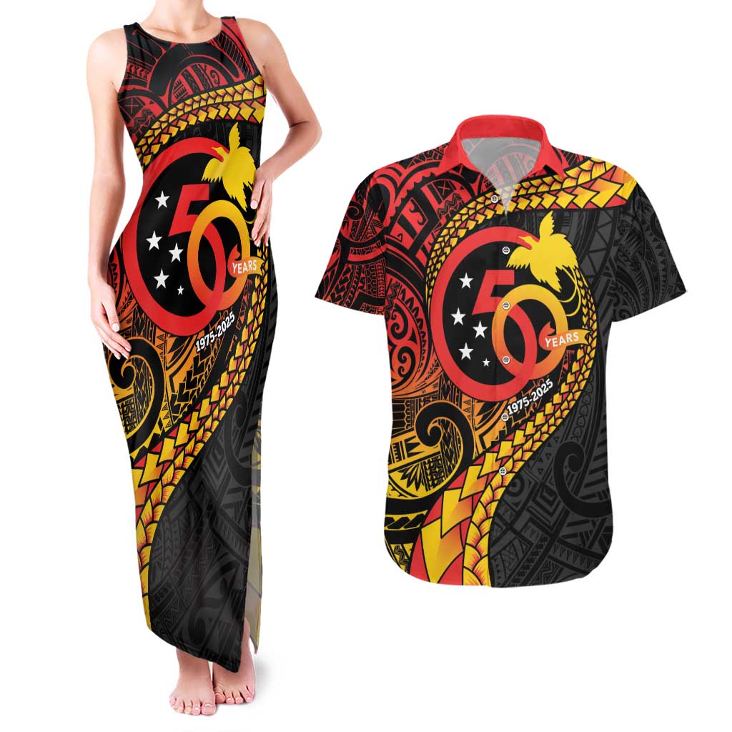 Papua New Guinea Tribal Tattoo Couples Matching Tank Maxi Dress and Hawaiian Shirt 50th Independence Anniversary LT9 Black - Polynesian Pride