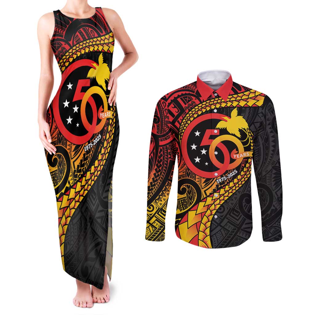 Papua New Guinea Tribal Tattoo Couples Matching Tank Maxi Dress and Long Sleeve Button Shirt 50th Independence Anniversary LT9 Black - Polynesian Pride