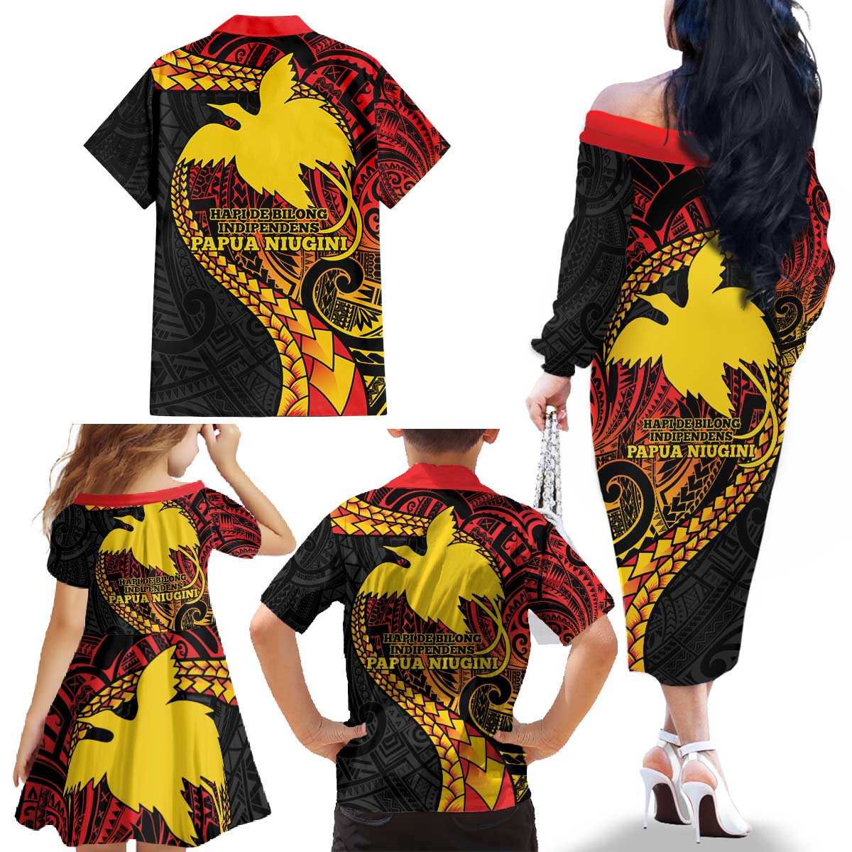 Papua New Guinea Tribal Tattoo Family Matching Off The Shoulder Long Sleeve Dress and Hawaiian Shirt 50th Independence Anniversary