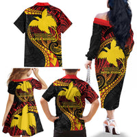 Papua New Guinea Tribal Tattoo Family Matching Off The Shoulder Long Sleeve Dress and Hawaiian Shirt 50th Independence Anniversary