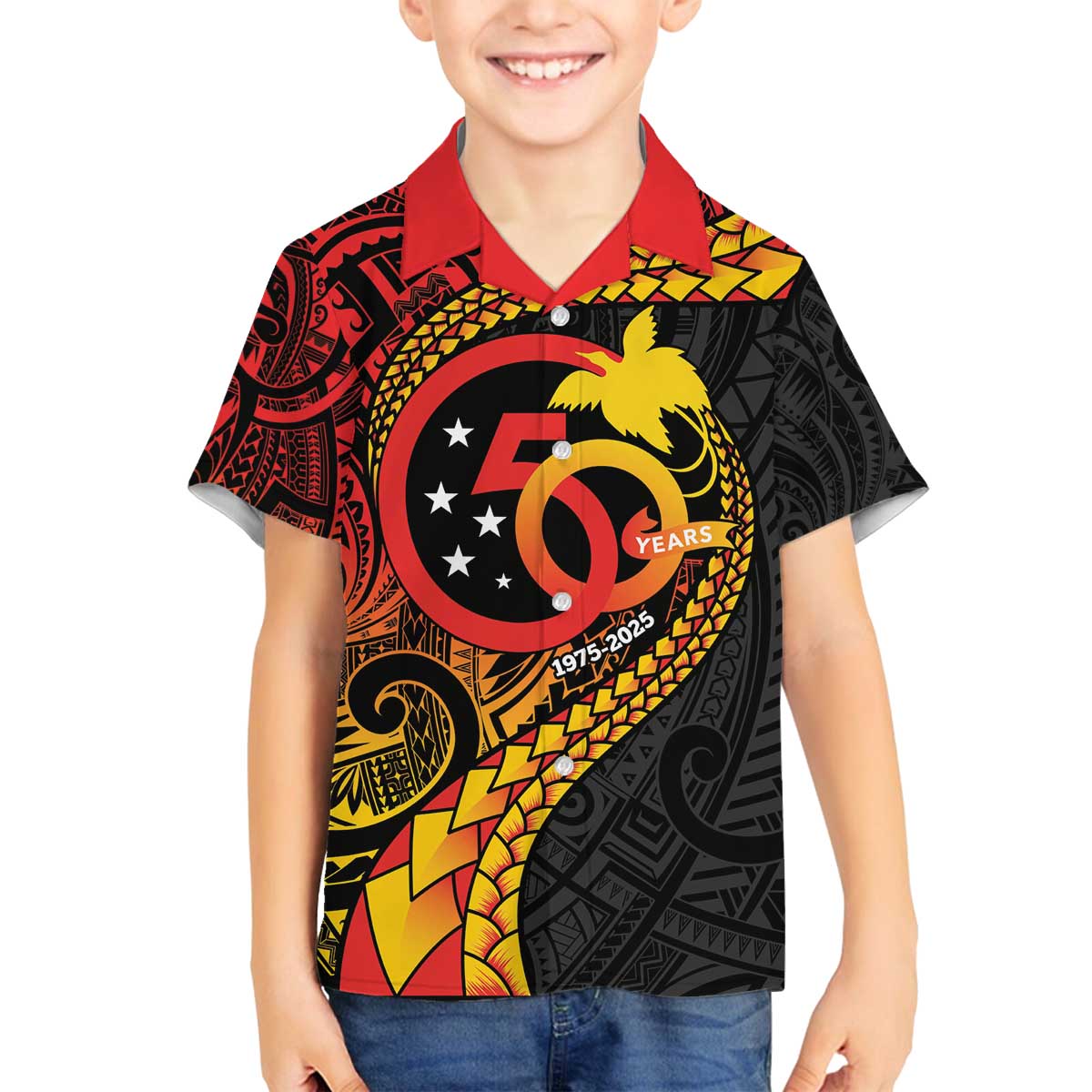 Papua New Guinea Tribal Tattoo Family Matching Off The Shoulder Long Sleeve Dress and Hawaiian Shirt 50th Independence Anniversary