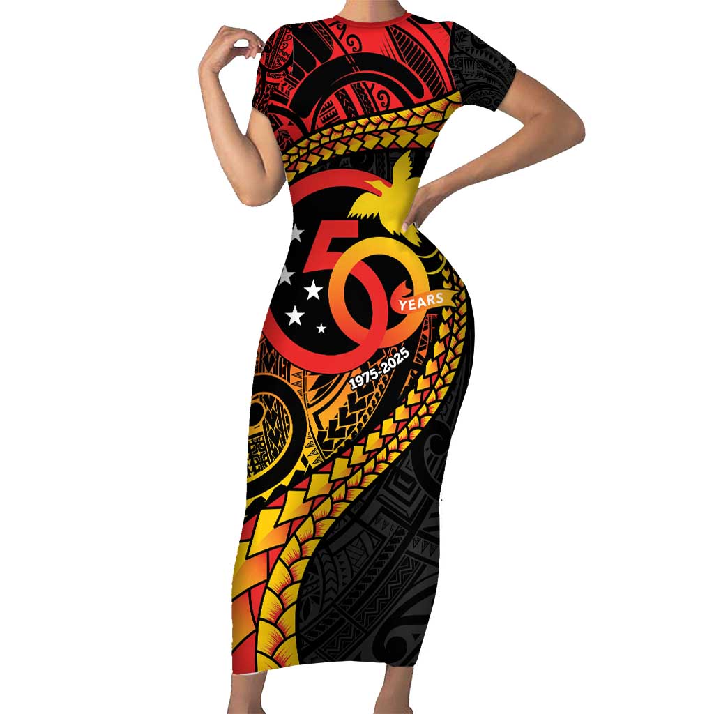 Papua New Guinea Tribal Tattoo Short Sleeve Bodycon Dress 50th Independence Anniversary
