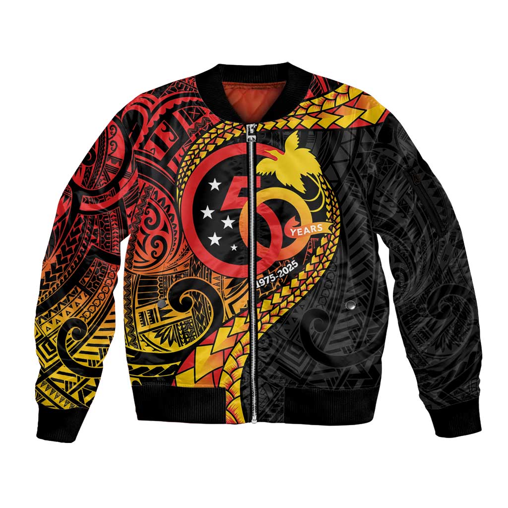 Papua New Guinea Tribal Tattoo Sleeve Zip Bomber Jacket 50th Independence Anniversary LT9 Unisex Black - Polynesian Pride