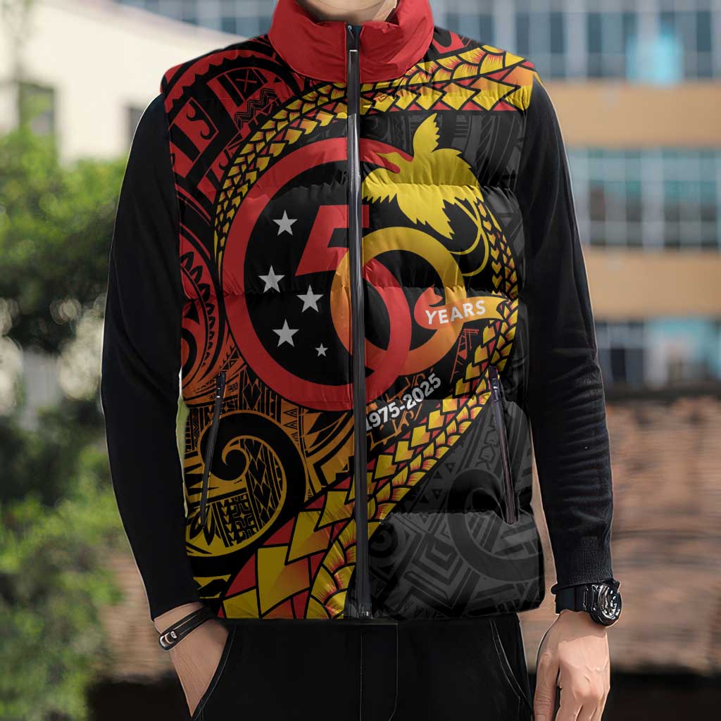 Papua New Guinea Tribal Tattoo Sleeveless Puffer Jacket 50th Independence Anniversary - Polynesian Pride