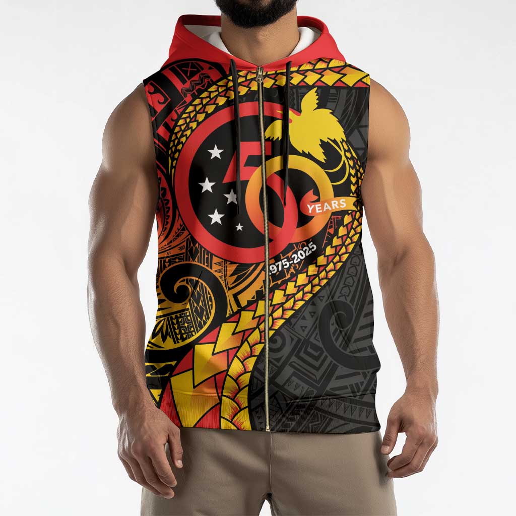Papua New Guinea Tribal Tattoo Sleeveless Zip Hoodie 50th Independence Anniversary - Polynesian Pride