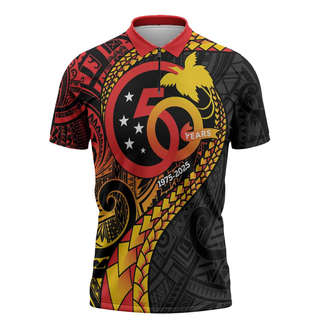Papua New Guinea Tribal Tattoo Zipper Polo Shirt 50th Independence Anniversary - Polynesian Pride