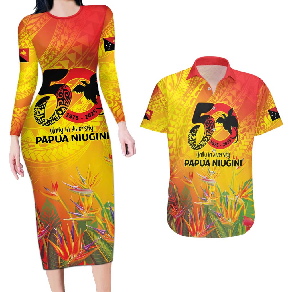 Papua New Guinea Unity in Diversity Couples Matching Long Sleeve Bodycon Dress and Hawaiian Shirt 50th Indipendens Papua Niugini LT9 Gold - Polynesian Pride