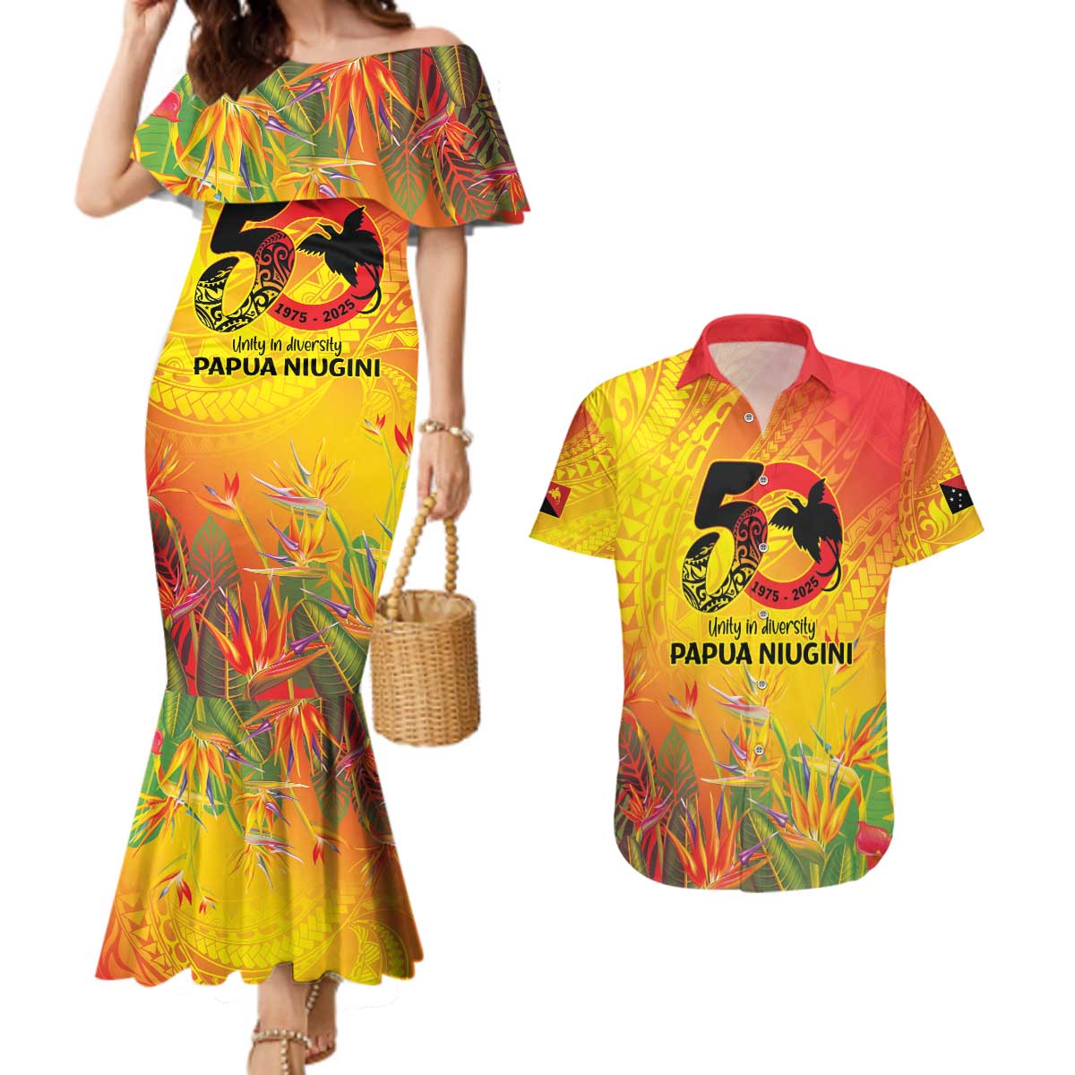 Papua New Guinea Unity in Diversity Couples Matching Mermaid Dress and Hawaiian Shirt 50th Indipendens Papua Niugini LT9 Gold - Polynesian Pride
