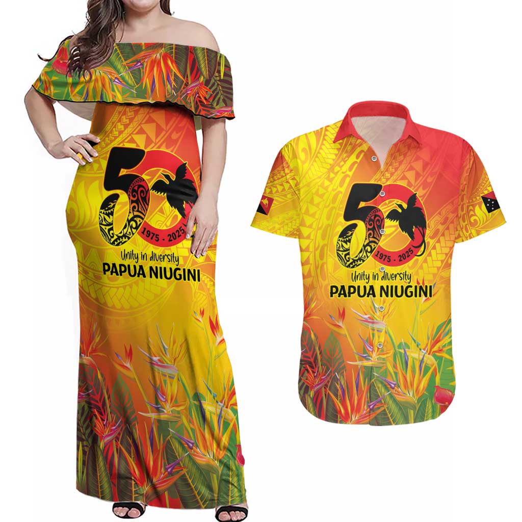 Papua New Guinea Unity in Diversity Couples Matching Off Shoulder Maxi Dress and Hawaiian Shirt 50th Indipendens Papua Niugini LT9 Gold - Polynesian Pride