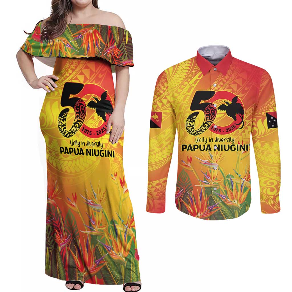 Papua New Guinea Unity in Diversity Couples Matching Off Shoulder Maxi Dress and Long Sleeve Button Shirt 50th Indipendens Papua Niugini LT9 Gold - Polynesian Pride