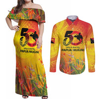 Papua New Guinea Unity in Diversity Couples Matching Off Shoulder Maxi Dress and Long Sleeve Button Shirt 50th Indipendens Papua Niugini